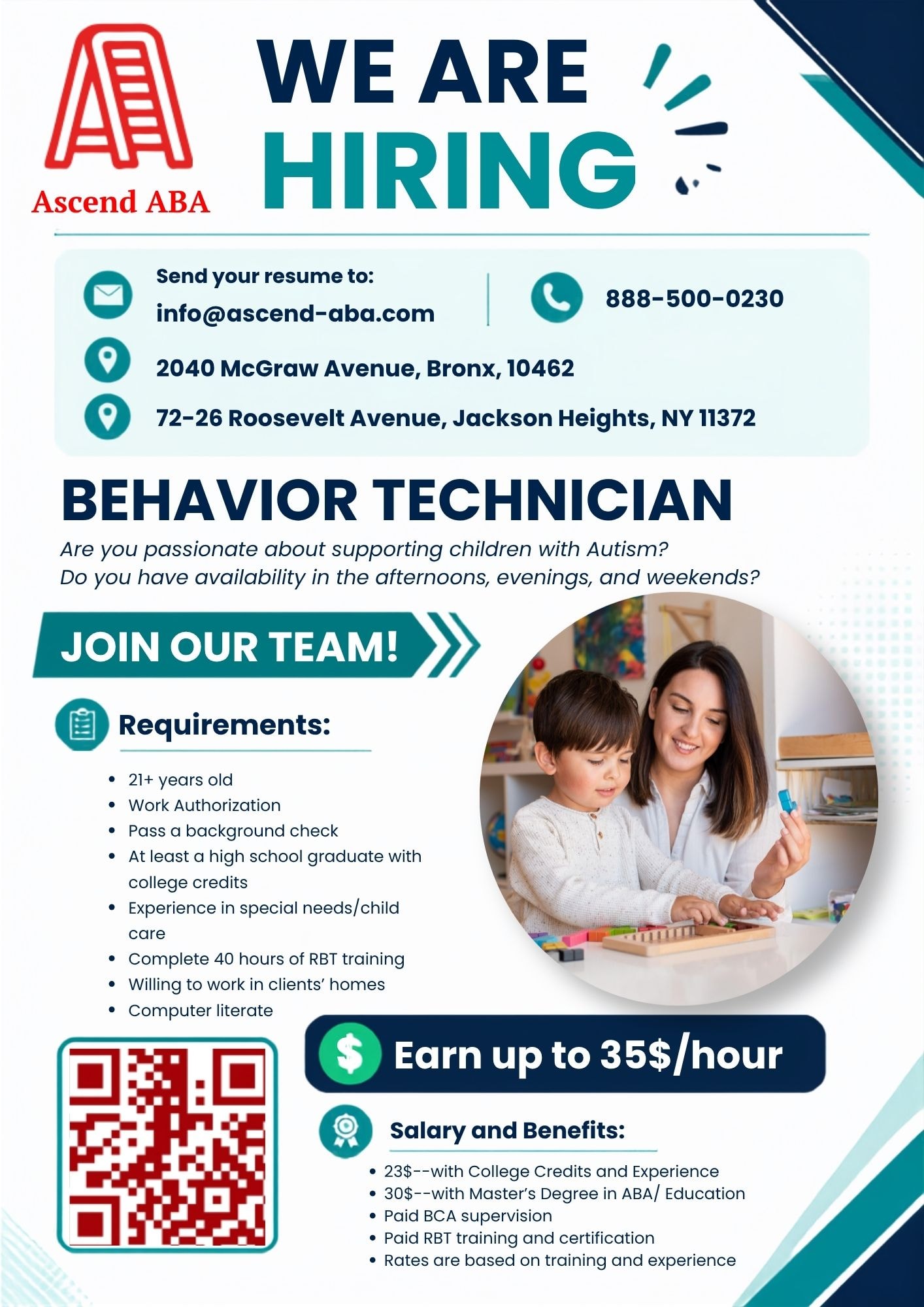 Ascend ABA behavior technician hiring advertisement with requirements, compensation, benefits, and application QR code